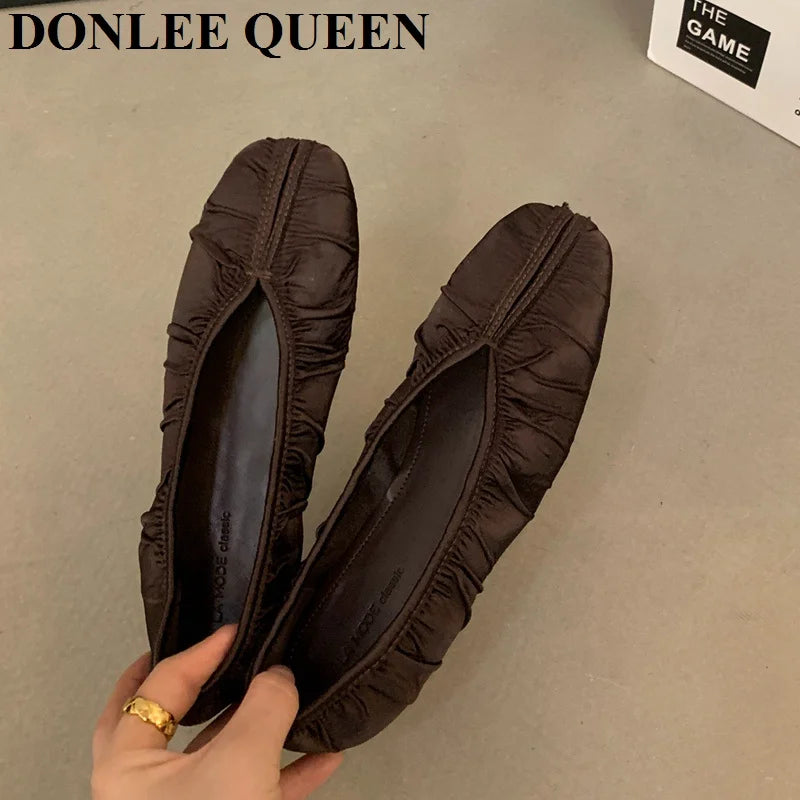 Pleated Square Toe Loafers - Soft Ballerina Flats for Women