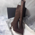 Pointed Toe Knee-High Boots - Square Heel Side Zip Suede Boots for Women