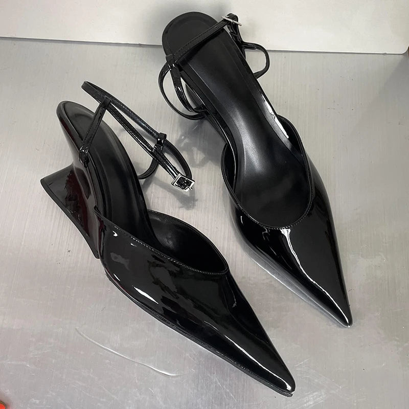 Sculptural Heel Pointed Toe Pumps - Buckle Strap Fashion Heels for Women