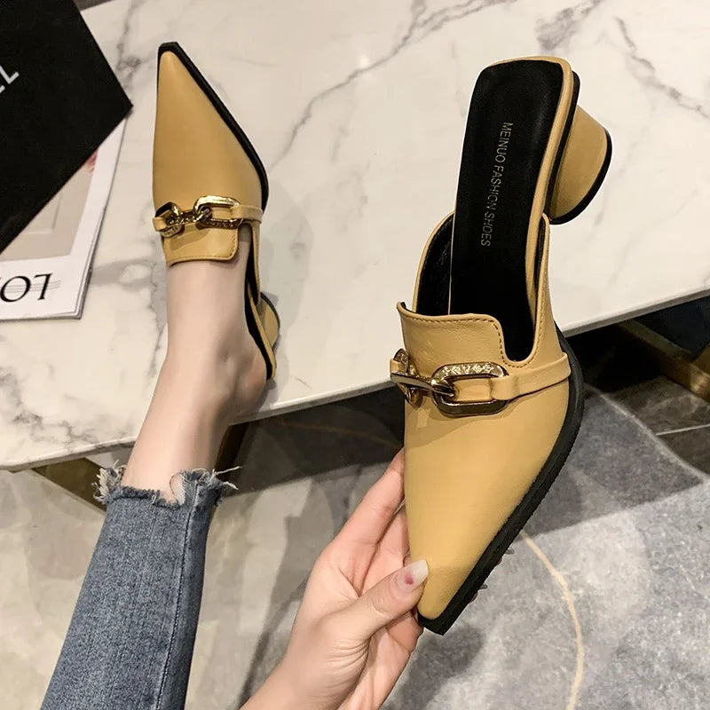 Block Heel Mules - Closed Toe Slip-On Loafers for Women