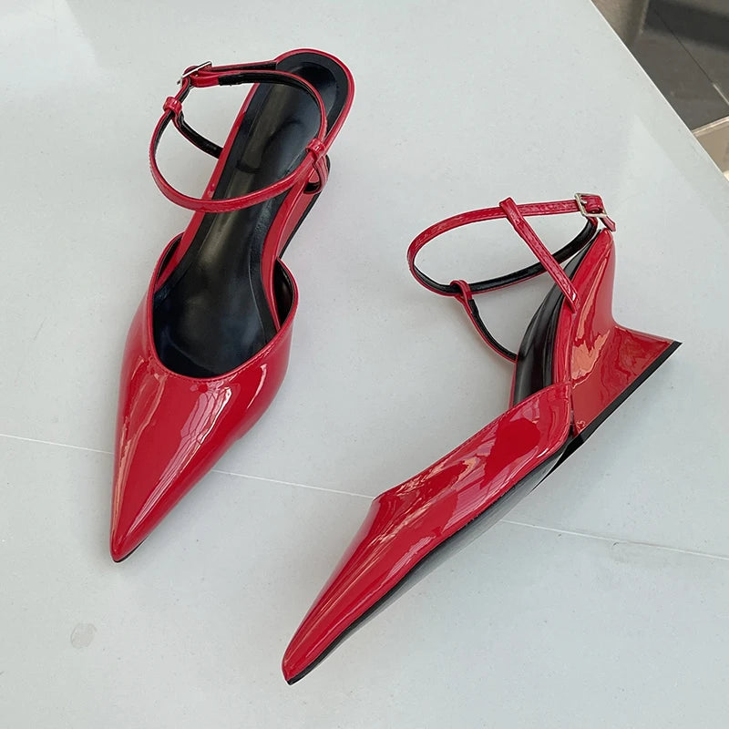 Sculptural Heel Pointed Toe Pumps - Buckle Strap Fashion Heels for Women