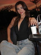 Backless Halter Tank Top - Ruched Swing Collar Skinny Top for Women