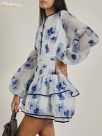 Women's Printed Long Sleeve Mini Dress - O-Neck High Waist Pleated A-Line Dress