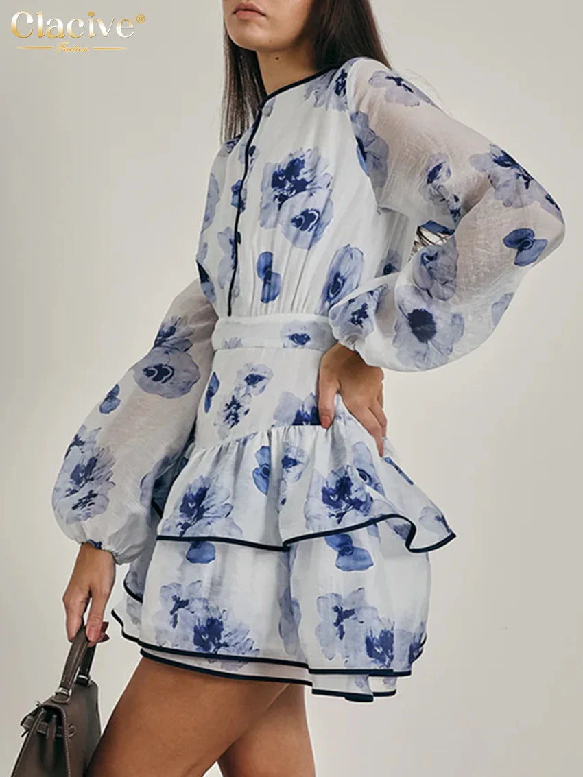 Women's Printed Long Sleeve Mini Dress - O-Neck High Waist Pleated A-Line Dress
