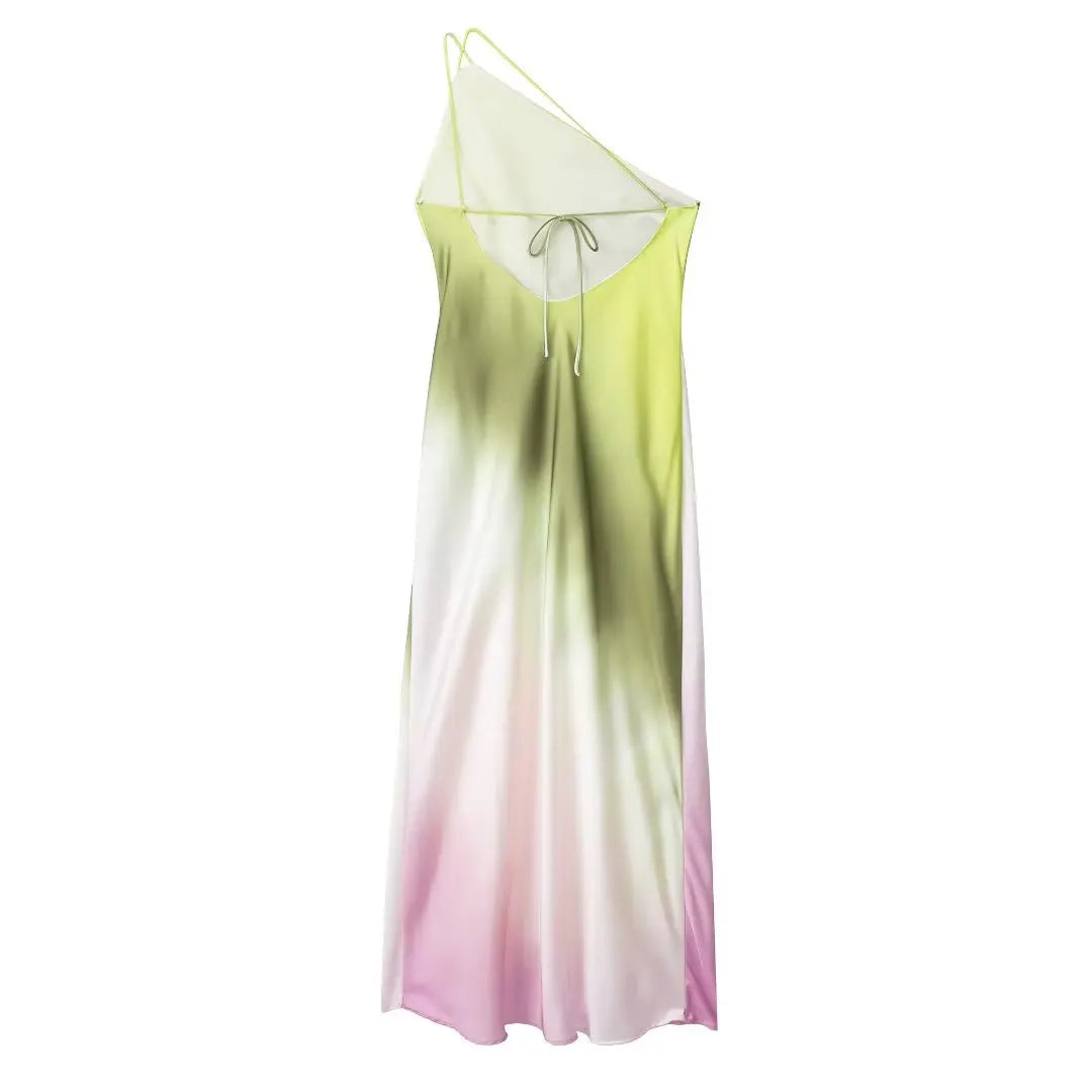 Tie Dye Satin Midi Dress One-Shoulder Backless Evening Dress