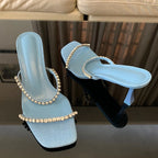 Women's Crystal Rhinestone Heeled Mule Sandals