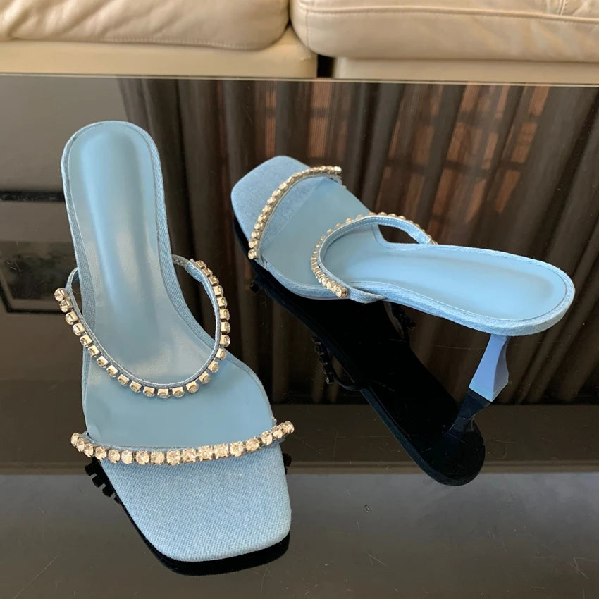 Women's Crystal Rhinestone Heeled Mule Sandals