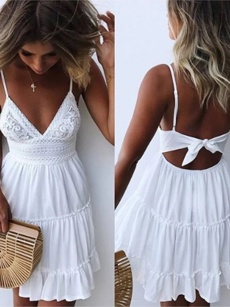 Women's Spaghetti Strap Mini Dress - V-Neck Lace-Up Beach Party Dress
