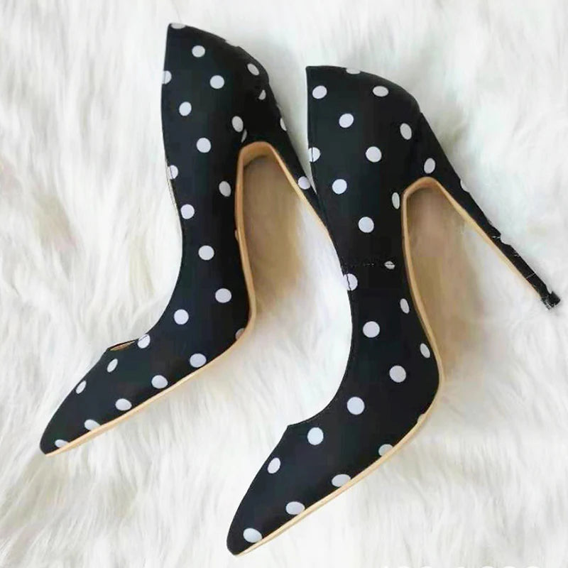 Silk Polka Dot Stiletto Pumps - Pointed Toe High Heels for Women
