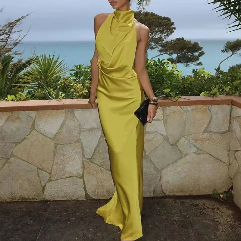 New Sexy Women's Halter Backless Evening Dress Elegant Satin Pleated Slim Fit Long Dress Casual Sleeveless Hollow Summer Dresses