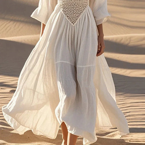 Boho Beach Dress - Deep V Hollow Long Sleeve A-Line Midi Dress for Women