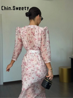 Women's Printed V-Neck Pleated Midi Dress - Half Sleeve Empire Waist Holiday Dress