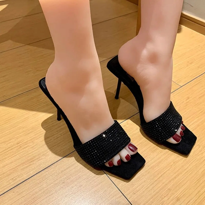 Rhinestone Stiletto Sandals - Velvet Square Toe High Heels for Women
