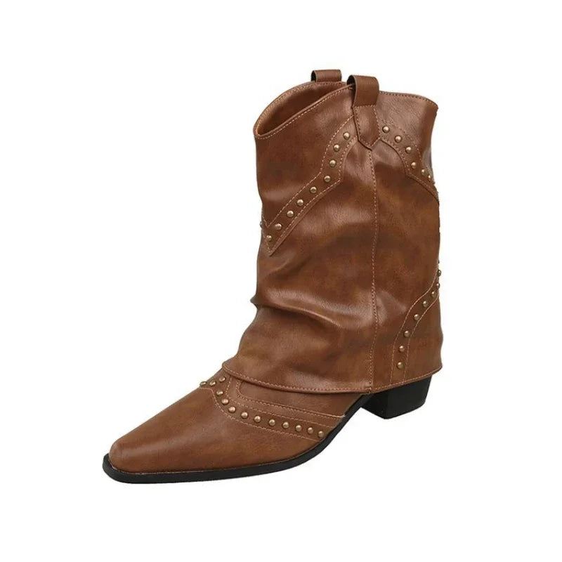 Retro Western Cowboy Boots - Pointed Toe Block Heel Mid-Calf Boots for Women
