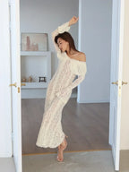 Women's Lace Flare Sleeve Mermaid Dress - Off Shoulder Elegant Floor-Length Gown