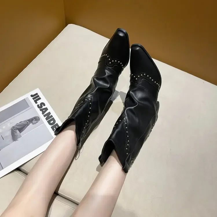 Retro Western Cowboy Boots - Pointed Toe Block Heel Mid-Calf Boots for Women