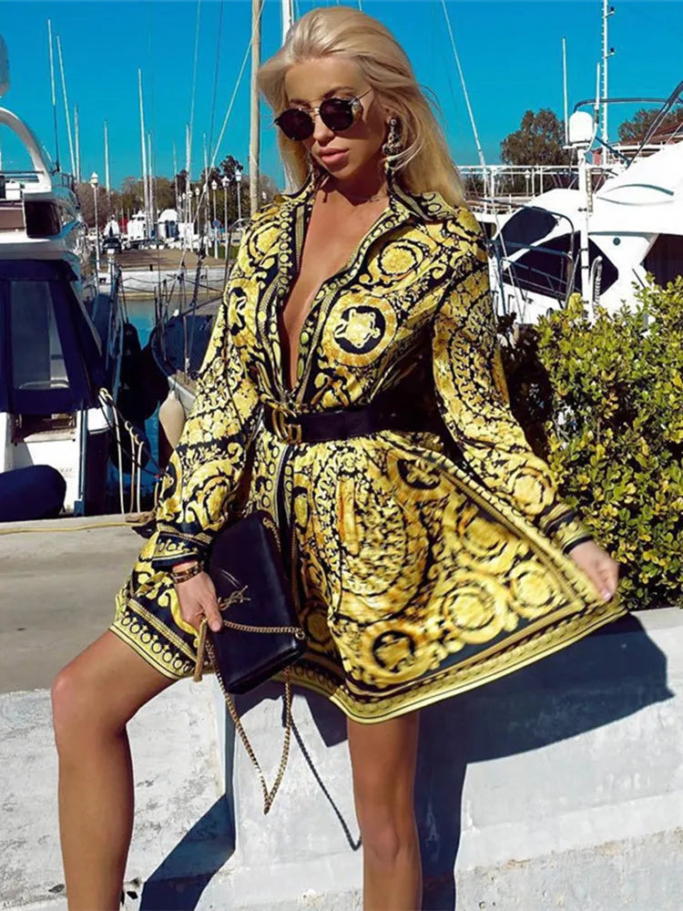 Printed Boho Shirt Dress - Long Sleeve V-Neck Mini Dress for Women