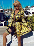 Printed Boho Shirt Dress - Long Sleeve V-Neck Mini Dress for Women