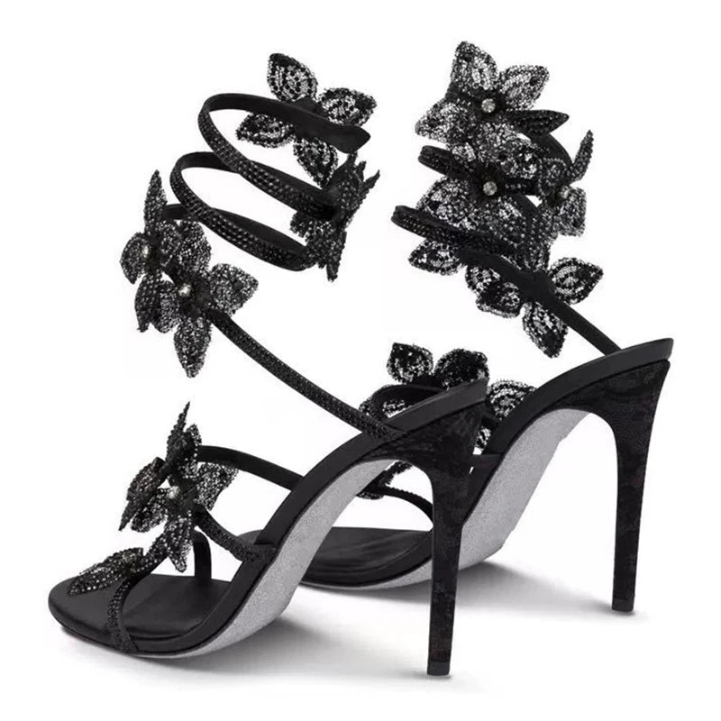 Aneikeh Luxury Designer Pink Flower Rhinestone High Heels Sandals Shoe Sexy Wrap Strap Open Toe Stripper Prom Party Ladies Shoes