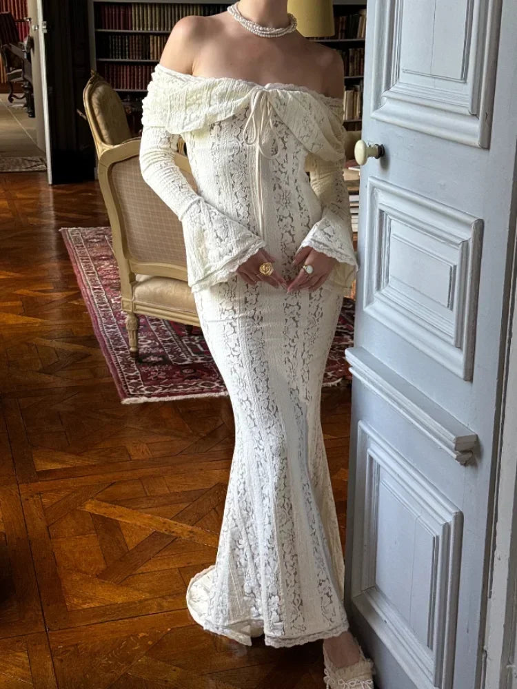 Women's Lace Flare Sleeve Mermaid Dress - Off Shoulder Elegant Floor-Length Gown
