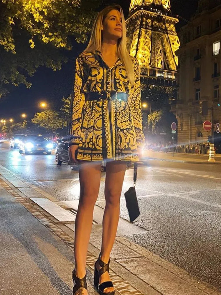 Printed Boho Shirt Dress - Long Sleeve V-Neck Mini Dress for Women