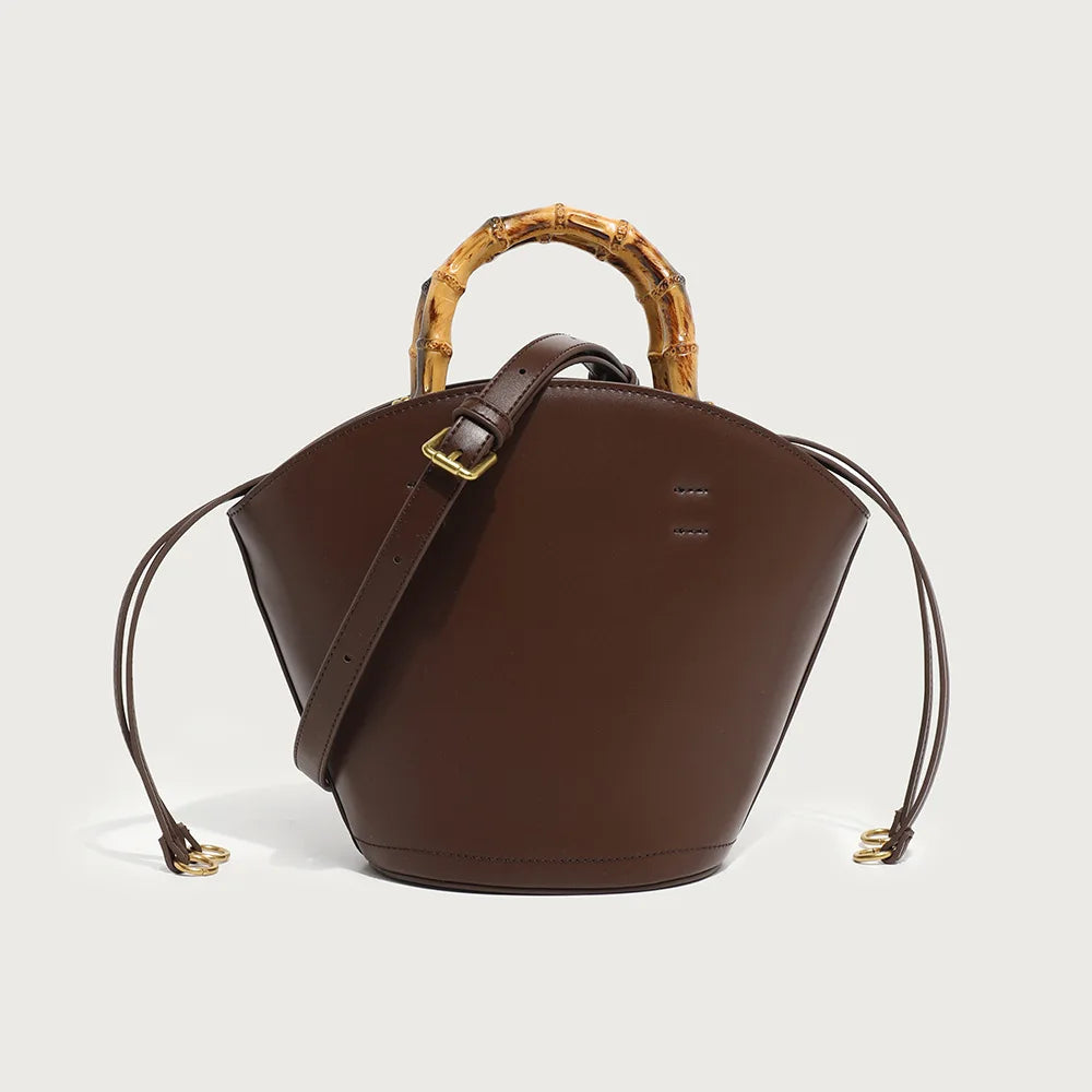 Women's Genuine Leather Tote Bag - Round Wooden Handles Minimalist Shoulder Bag
