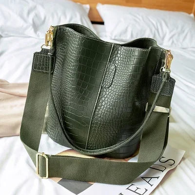 Women's Vintage Alligator Pattern Bucket Bag - Crossbody Shoulder Handbag