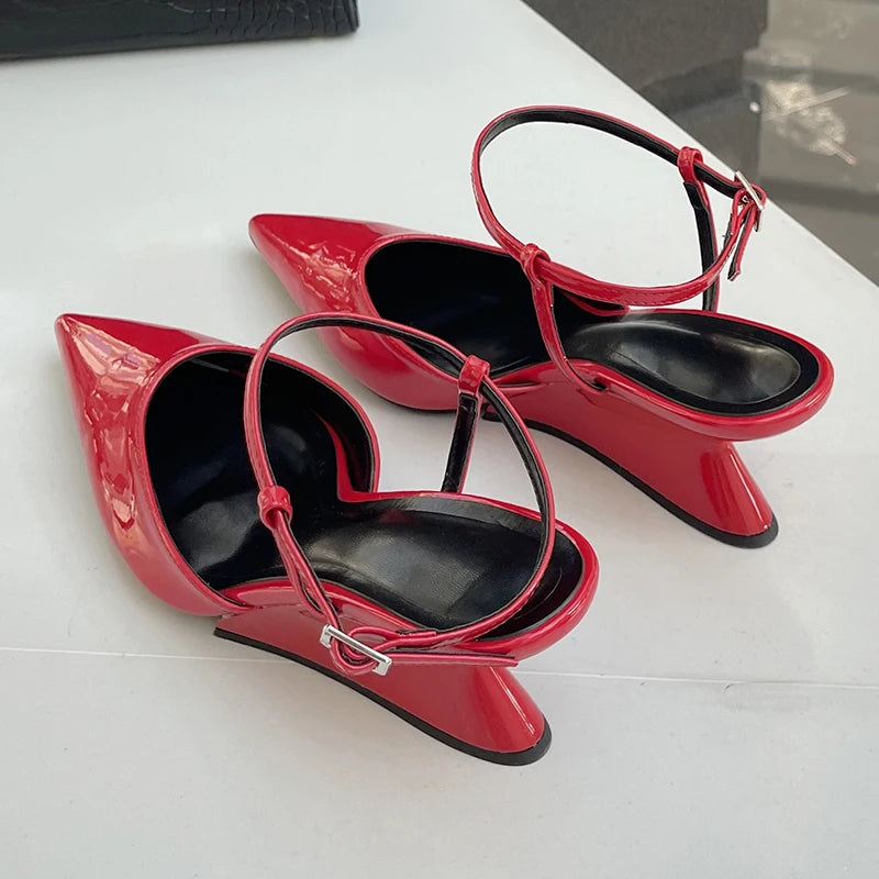 Sculptural Heel Pointed Toe Pumps - Buckle Strap Fashion Heels for Women