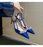 Satin Rhinestone Flower Heeled Sandals - Pointed Toe Stiletto for Women