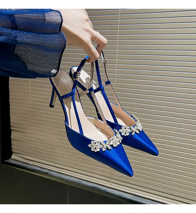 Satin Rhinestone Flower Heeled Sandals - Pointed Toe Stiletto for Women