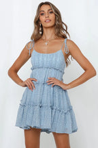 Floral Chiffon Spaghetti Strap Mini Dress - Backless Bow Vacation Dress for Women