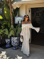 Women's Lace Flare Sleeve Mermaid Dress - Off Shoulder Elegant Floor-Length Gown