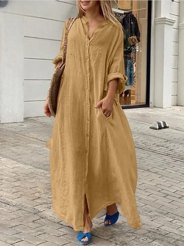 Women's Cotton Linen Maxi Dress - Loose Button Casual Dress