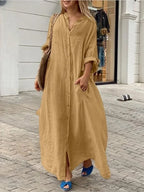 Women's Cotton Linen Maxi Dress - Loose Button Casual Dress