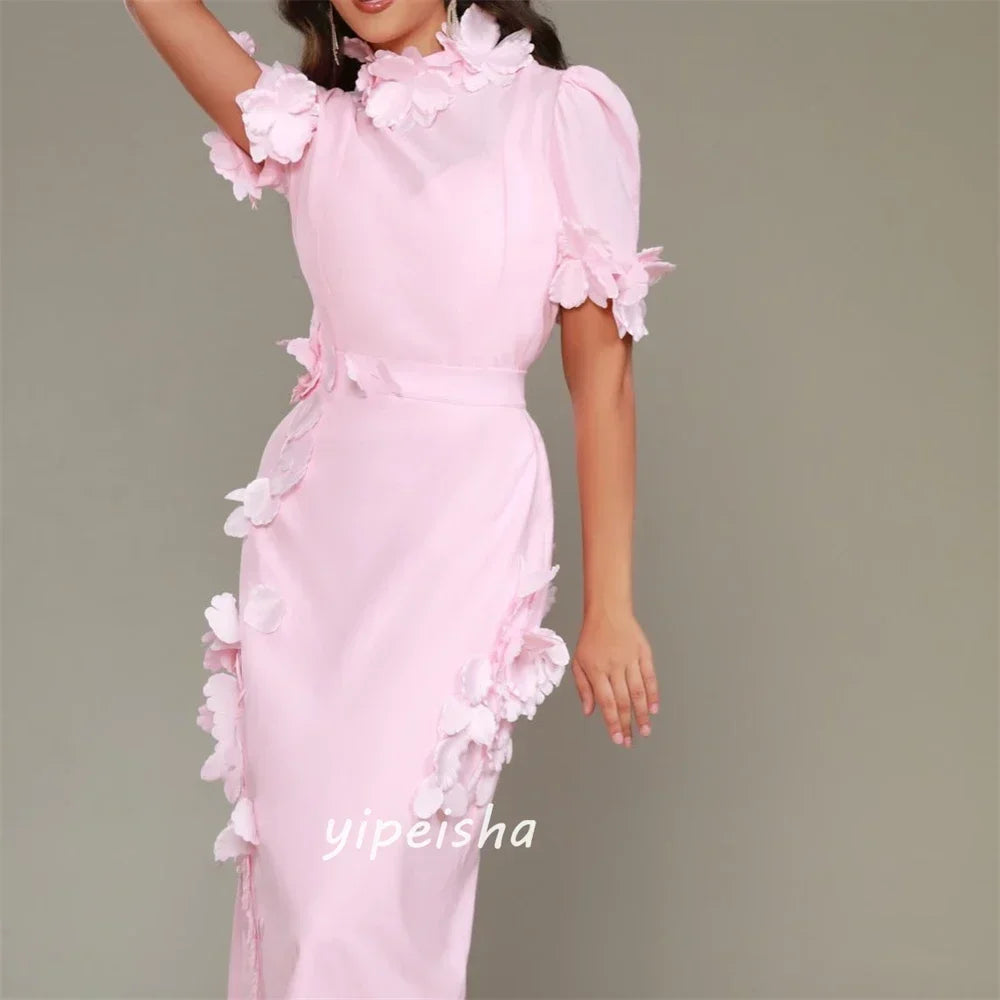 Formal Evening Gown - High Collar Straight Silhouette with Floral Appliques