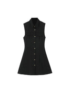 Women's Button-Front Lapel Mini Dress - Sleeveless A-Line Casual Dress