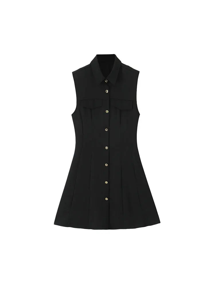 Women's Button-Front Lapel Mini Dress - Sleeveless A-Line Casual Dress
