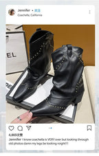 Retro Western Cowboy Boots - Pointed Toe Block Heel Mid-Calf Boots for Women