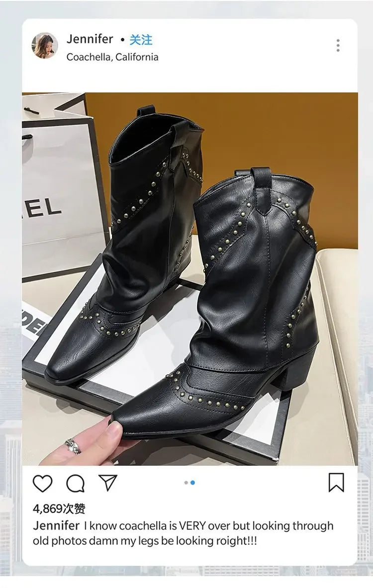 Retro Western Cowboy Boots - Pointed Toe Block Heel Mid-Calf Boots for Women