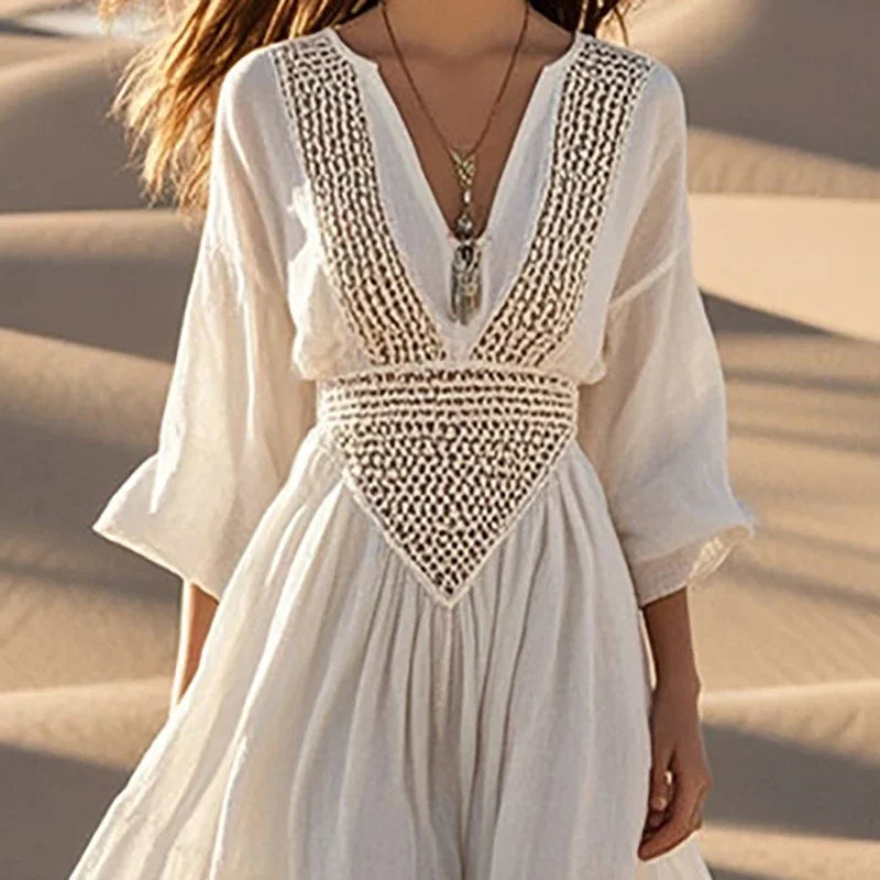 Boho Beach Dress - Deep V Hollow Long Sleeve A-Line Midi Dress for Women