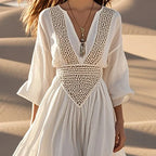 Boho Beach Dress - Deep V Hollow Long Sleeve A-Line Midi Dress for Women