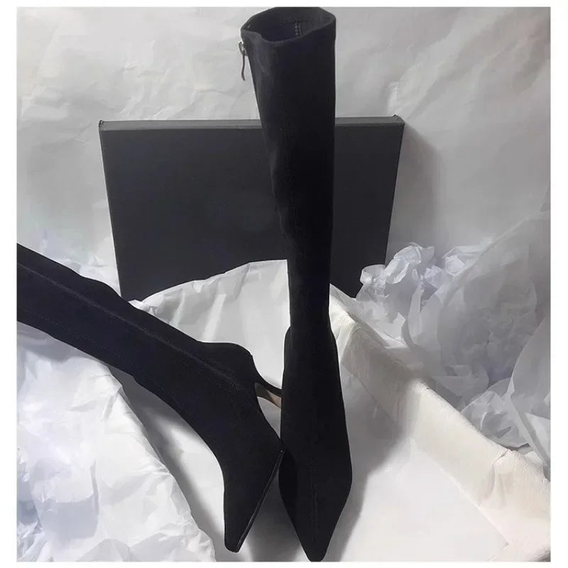 Pointed Toe Knee-High Boots - Square Heel Side Zip Suede Boots for Women