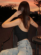 Backless Halter Tank Top - Ruched Swing Collar Skinny Top for Women
