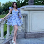 Women's Printed Floral Puffy Mini Dress - Halter Backless Layered Party Dress