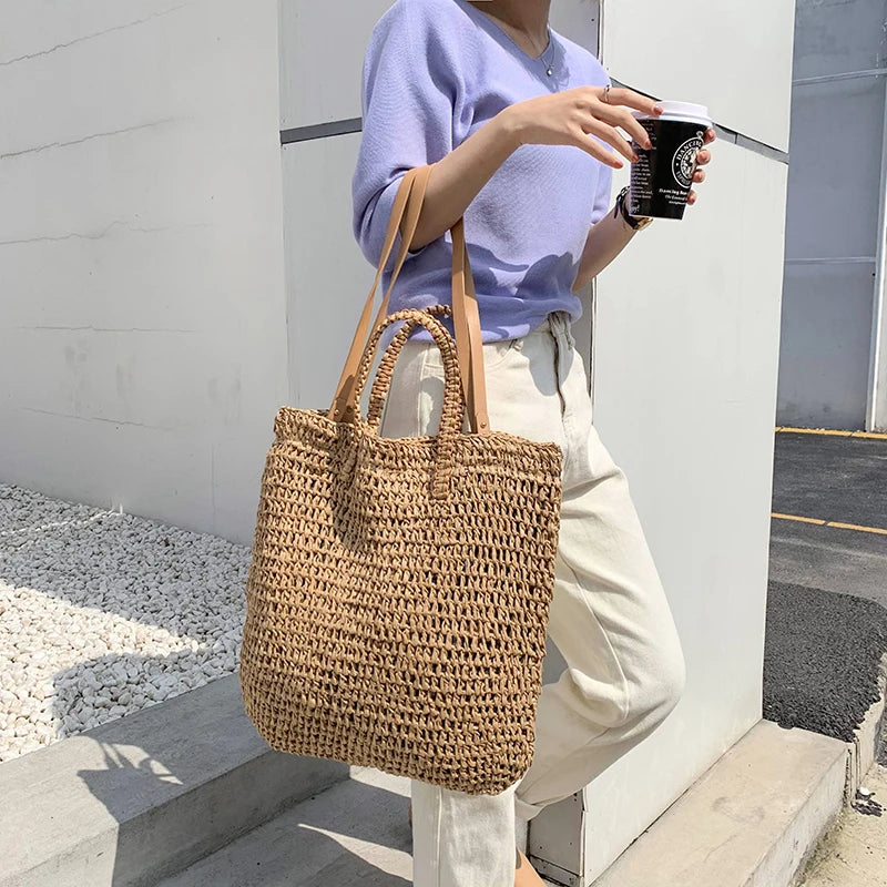 Women's Large Handwoven Straw Tote Bag - Rattan Beach Shoulder Shopper Bag