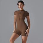 Yoga suit women's jumpsuit summer zipper short sleeved shorts yoga jumpsuit women's dance fitness tight fitting sports jumpsuit