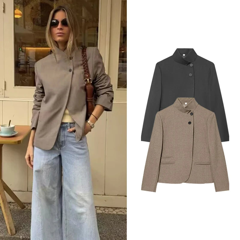 Women's Elegant Blazer Jacket - Stand Collar Single Breasted Casual Coat
