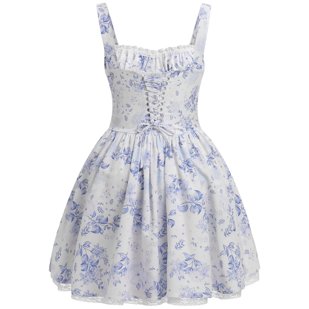 Women's Boho Lace Corset Mini Dress - Backless Ruffle Tie-Up Summer Dress