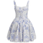 Women's Boho Lace Corset Mini Dress - Backless Ruffle Tie-Up Summer Dress