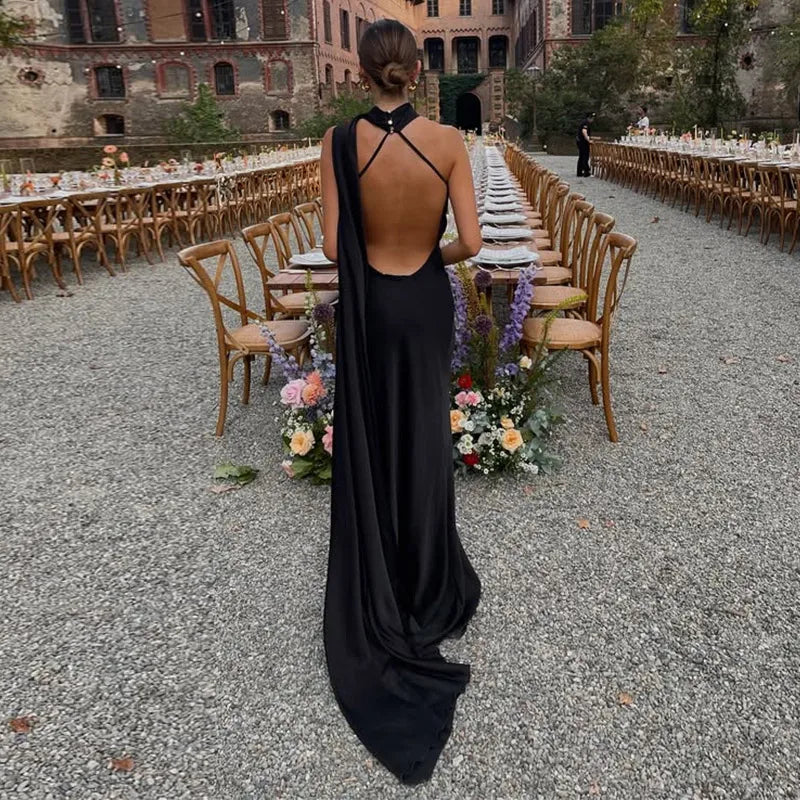 Women's Backless Lace-Up Maxi Dress - Sleeveless Elegant A-Line Party Dress